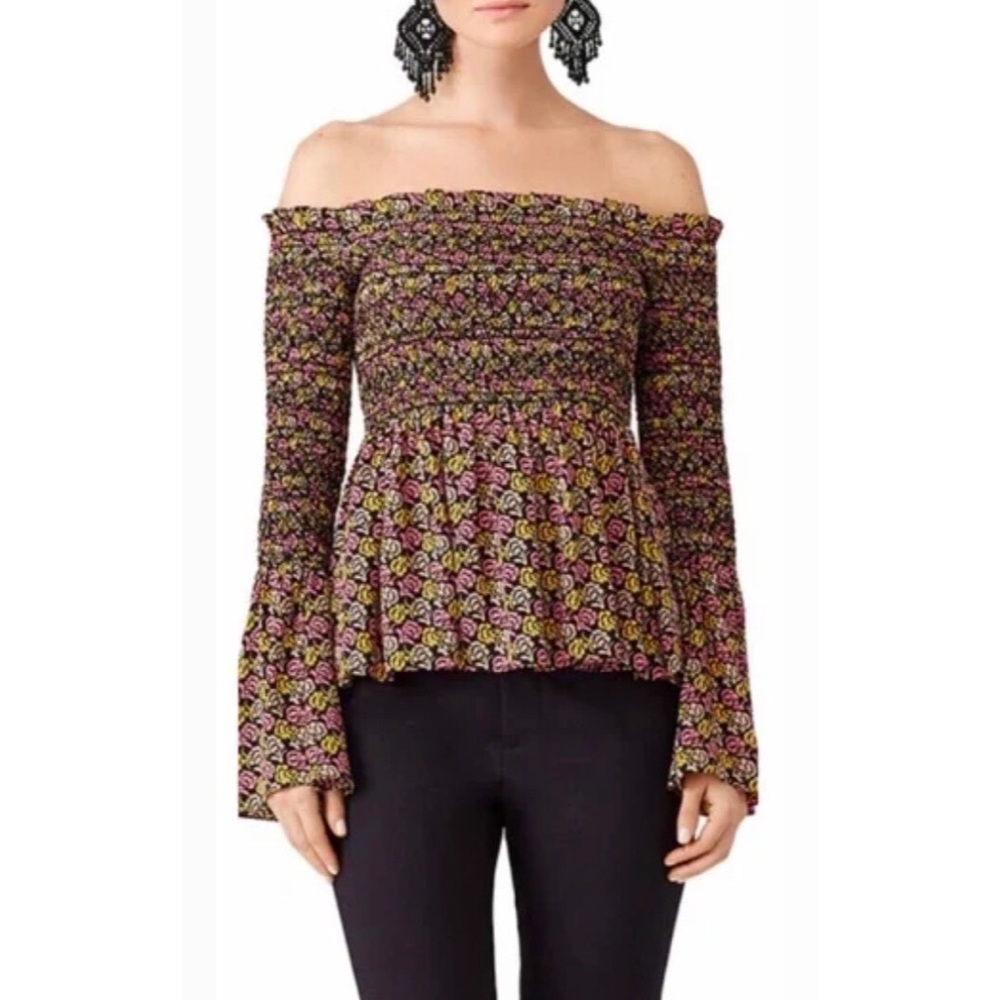 A.L.C. Agra Silk Floral Smocked Long Sleeve Top Pink/Beige/Black